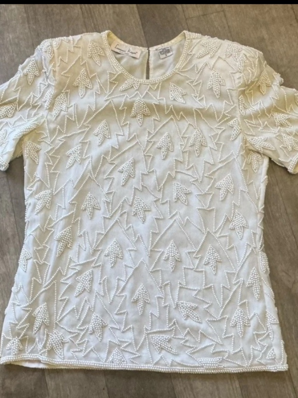 Laurence Kazar Ivory Beaded Short Sleeve Top